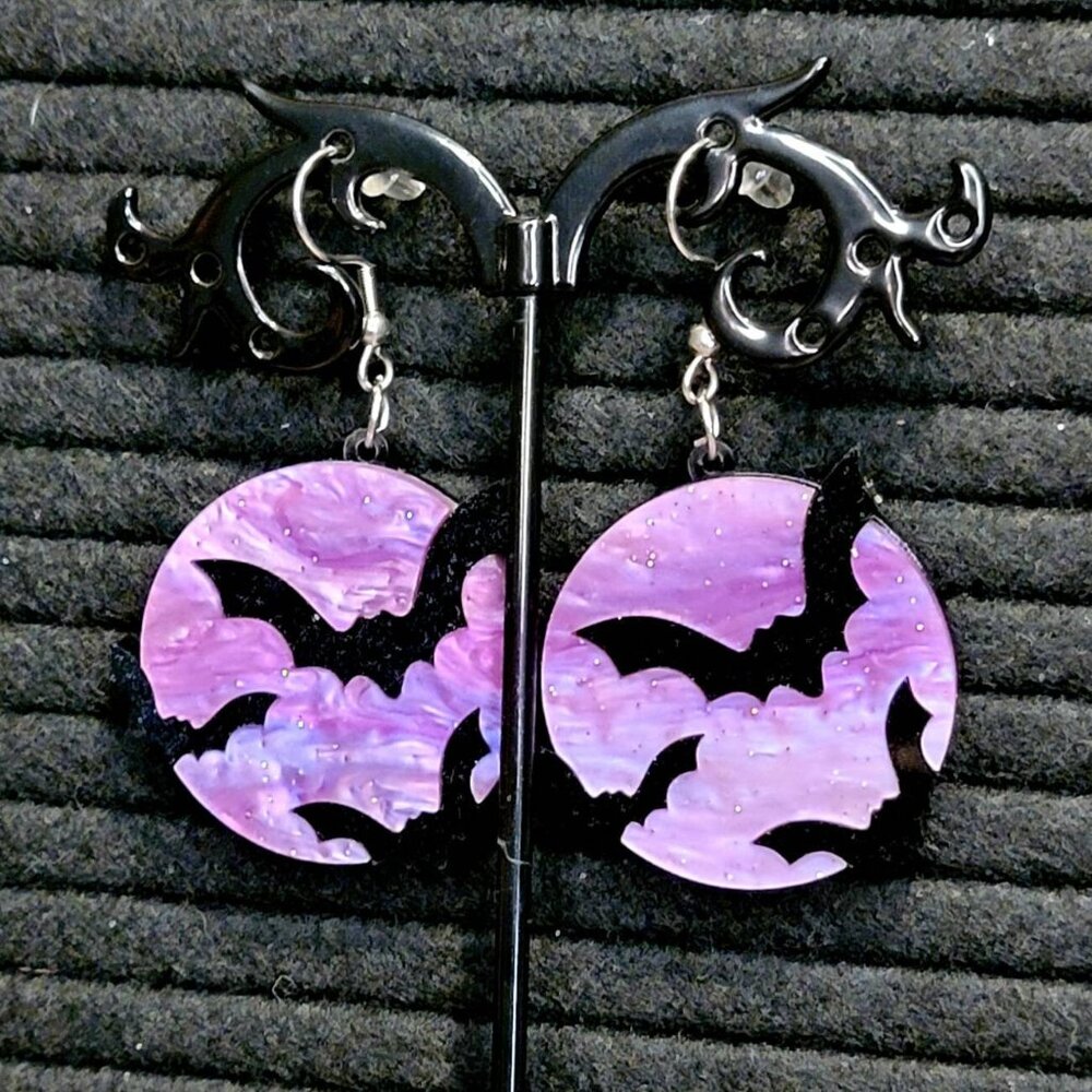 Underworld Bats Earrings | Purple Moon Bat Acrylic Alloy | Pastel Goth Kawaii